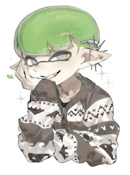  1boy commentary_request ear_piercing green_hair grey_eyes heart highres inkling inkling_boy inkling_player_character looking_at_viewer male_focus nintendo piercing pointy_ears short_hair simple_background slit_pupils smile solo sparkle splatoon_(series) striped_clothes striped_sweater sweater teeth tentacle_hair togetoge upper_body white_background zipper 