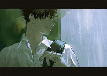  1boy backpack bag black_border black_hair border closed_mouth collared_shirt haikyuu!! huangdanlan kuroo_tetsurou letterboxed male_focus shirt short_hair solo wet wet_hair white_shirt yellow_eyes 