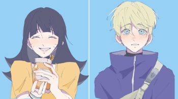  1boy 1girl bag blonde_hair blue_eyes blush boruto:_naruto_next_generations boruto:_two_blue_vortex bracelet choker closed_eyes commentary_request couple earrings flower honey honeypot hood hoodie its_miao_not_shui jacket jewelry konohagakure_symbol lips lipstick long_hair makeup messy_hair naruto_(series) nose_blush pink_lips pov shirt shoulder_bag smile squinting sunflower sweater t-shirt teeth turtleneck uzumaki_himawari wavy_hair yamanaka_inojin  rating:General score:3 user:danbooru