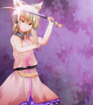  1girl animal_ears bare_shoulders belt blonde_hair breasts closed_mouth dress earmuffs fox_ears frilled_dress frills highres holding holding_sword holding_weapon looking_at_viewer pink_background pink_dress pink_skirt shirt short_hair skirt sleeveless sleeveless_shirt small_breasts smile solo sword touhou toyosatomimi_no_miko weapon yellow_eyes zoirun 
