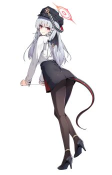  1girl ass black_hat black_pantyhose black_skirt black_wings blue_archive braid closed_mouth commentary_request ddangbi demon_girl demon_tail demon_wings from_behind full_body halo haruna_(blue_archive) hat high_heels highres long_hair long_sleeves looking_at_viewer looking_back pantyhose red_eyes red_halo shirt simple_background single_braid single_wing skirt smile solo standing tail white_background white_hair white_shirt white_wrist_cuffs wing_ornament wings wrist_cuffs 