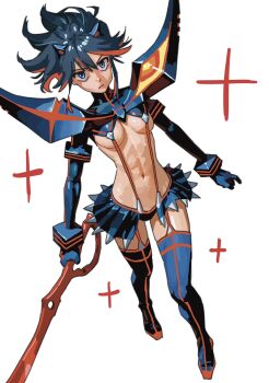  1girl black_boots black_gloves black_hair blue_eyes boots breasts closed_mouth commentary_request gloves h4sh1rnoto highres holding holding_sword holding_weapon kill_la_kill looking_at_viewer matoi_ryuuko medium_breasts microskirt multicolored_hair navel red_eyes red_garter_straps red_trim revealing_clothes senketsu short_hair skirt spiked_skirt stomach streaked_hair sword thigh_boots underboob weapon white_background 