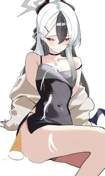  1girl absurdres black_choker black_dress black_hair black_horns blue_archive blush breasts bright_pupils choker closed_mouth covered_navel dress food grey_halo grey_jacket hair_between_eyes halo highres horns ice_cream ice_cream_cone ice_cream_cone_spill invisible_chair jacket kayoko_(blue_archive) kayoko_(dress)_(blue_archive) keyan_art long_hair looking_at_viewer multicolored_hair red_eyes simple_background single_wing sitting sleeveless sleeveless_dress small_breasts solo strap_slip two-tone_hair white_background white_hair white_pupils wings 