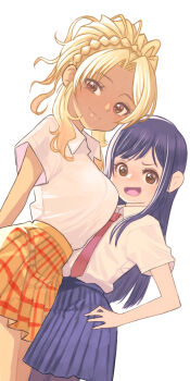  2girls :d black_hair blonde_hair brown_eyes commentary_request dark-skinned_female dark_skin eyelashes food_court_de_mata_ashita happy highres jj_(ssspulse) long_hair looking_at_viewer multiple_girls necktie open_mouth ponytail red_necktie school_uniform shirt simple_background skirt smile standing wada_(food_court) white_background white_shirt yamamoto_(food_court) 