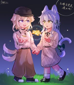  2girls aaclaypot absurdres animal_ears bang_dream! bang_dream!_it's_mygo!!!!! baseball_cap black_choker black_hat black_ribbon black_shoes blonde_hair blue_hair bow braid brown_pants cat_ears cat_girl cat_tail chinese_commentary choker commentary_request dated dog_ears dog_girl dog_tail grass green_bow grey_skirt hair_ribbon hat highres holding_hands kemonomimi_mode long_hair long_sleeves misumi_uika multiple_girls pants purple_eyes ribbon shirt shoes short_hair sidelocks skirt socks tail tail_bow tail_ornament tail_wagging togawa_sakiko white_shirt white_socks yellow_eyes 