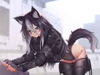  1girl angry animal_ear_fluff animal_ears armor ass ass_focus black_hair black_thighhighs blue_eyes blush camouflage camouflage_jacket clenched_teeth commentary commission english_commentary fingerless_gloves fingernails glasses gloves highres jacket ko_baumann leotard looking_at_viewer messy_hair military_uniform mole mole_under_eye multicolored_hair original patch samsam_s2s second-party_source shoulder_armor tactical_clothes tail teeth thigh_strap thighhighs wolf_ears wolf_girl wolf_tail woodland_camouflage 