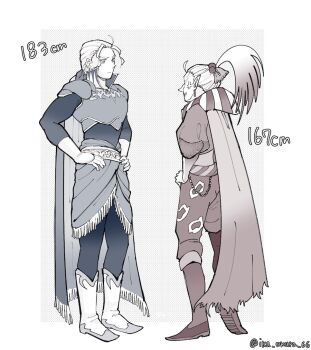  2boys anger_vein armor boots border cape cefca_palazzo commentary_request earrings edgar_roni_figaro final_fantasy final_fantasy_vi fringe_trim full_body hair_ribbon hands_on_own_hips height height_difference ika_okura_66 jewelry looking_at_another low_ponytail male_focus multiple_boys parted_bangs pointy_ears ponytail ribbon sash shoulder_armor twitter_username waist_sash white_boots white_border 