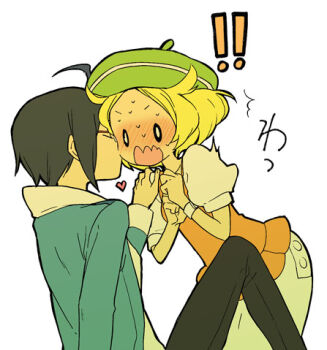  ! !! 1boy 1girl ahoge bianca_(pokemon) black_hair blonde_hair blue_jacket blush cheren_(pokemon) closed_eyes commentary_request green_hat hat heart hetero jacket kiss kissing_cheek lowres mogawa nintendo open_mouth pokemon pokemon_bw simple_background surprised sweat white_background 