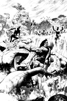  1girl 2020 6+boys afrofuturism armor army artist_name bald bald_female battle black_panther_(series) blood cape clenched_teeth comic_cover commentary dark_skin dated dynamic_pose english_commentary gloves goggles greyscale highres holding holding_polearm holding_weapon hood marvel mask monochrome multiple_boys muscular nature official_art okoye outdoors polearm river signature superhero_costume taskmaster teeth tree valerio_giangiordano wakanda water waterfall weapon western_comics_(style) 