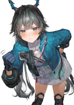  1girl absurdres arknights arknights:_endfield black_hair blue_gloves blue_jacket blush chen_qianyu_(arknights) clenched_hand closed_mouth commentary double-parted_bangs dragon_girl dragon_horns dragon_tail eastern_dragon_horns eastern_dragon_tail english_commentary feet_out_of_frame gloves grey_eyes hand_on_own_hip highres horns jacket leaning_forward liebebento_(dosilan) long_hair looking_at_viewer open_clothes open_jacket simple_background skirt solo tail twintails white_background white_skirt  rating:Sensitive score:7 user:danbooru