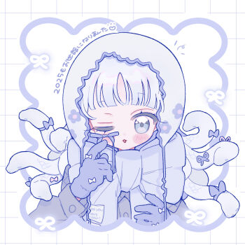  1girl blue_bow blue_bowtie blue_eyes blue_gloves blunt_bangs blush_stickers bow bowtie commentary_request glove_bow gloves grey_jacket grid_background hands_up hat highres jacket long_hair long_sleeves niyu_(nennenkorori3) one_eye_closed open_mouth original snake_hair solo upper_body white_background white_hair white_hat 