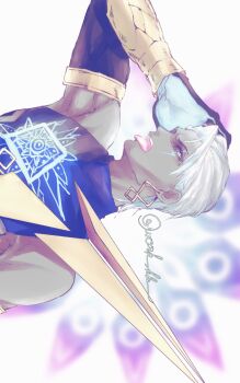 1guy armor artist_name bare_shoulders blue_eyes detached_sleeves fate/grand_order fate_(series) gloves glowing glowing_eye gold_armor hair_slicked_back hand_on_own_head highres indra_(fate) indra_(third_ascension)_(fate) lightning_bolt_symbol looking_at_viewer muscular muscular_male print_shirt shirt short_hair sideways sleeveless sleeveless_turtleneck solo tongue tongue_out turtleneck two-tone_gloves white_hair work_hkr