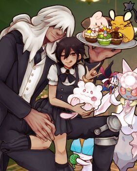  2boys :q \||/ alexis_(dotted_clouds) alternate_color az_(pokemon) black_flower black_jacket black_nails black_necktie black_pants black_skirt black_suit black_vest bracelet brown_hair chest_jewel cleffa collared_shirt colored_sclera commentary crystal dedenne diancie dotted_clouds dress_pants eating english_commentary floette floette_(eternal) flower formal_clothes gem gen_2_pokemon gen_3_pokemon gen_6_pokemon hair_between_eyes hair_over_one_eye hand_on_another's_leg highres holding holding_pokemon holding_tray jacket jewelry knee_brace legendary_pokemon looking_at_viewer male_focus mole mole_on_forehead mole_under_eye multiple_boys mythical_pokemon necktie nintendo official_alternate_color old one_eye_closed pants pink_gem poke_puff pokemon pokemon_(creature) pokemon_legends:_z-a puffy_short_sleeves puffy_sleeves ralts red_sclera shiny_pokemon shirt short_sleeves skirt smile suit suit_jacket swirlix tall_male tongue tongue_out tray vest white_hair white_shirt yaoi 