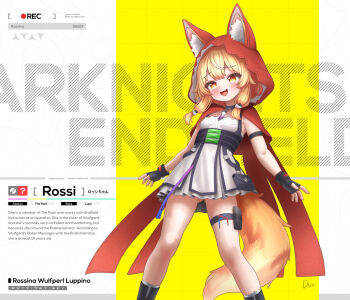  animal_ears arknights arknights:_endfield black_boots blonde_hair boots brown_eyes cape dress dric fox_girl highres hood hooded_cape long_hair looking_at_viewer open_mouth red_cape rossi_(arknights) smile socks tail white_dress white_socks wolf_ears wolf_girl wolf_tail  rating:General score:6 user:Dric