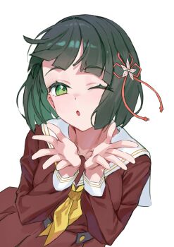  1girl ;o absurdres blowing_kiss breasts brown_dress commentary_request dress flower flower_knot green_eyes green_hair hair_flower hair_ornament hasu_no_sora_school_uniform highres link!_like!_love_live! long_sleeves looking_at_viewer love_live! medium_breasts momose_ginko neckerchief one_eye_closed pleated_dress sailor_collar sailor_dress school_uniform short_hair simple_background solo sunkeun virtual_youtuber white_background white_flower white_sailor_collar winter_uniform yellow_neckerchief 