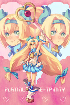  1girl arc_system_works armpits blazblue blazblue:_continuum_shift blonde_hair cardinal777 character_name dual_persona green_eyes long_hair low-tied_long_hair muchourin multiple_personalities platinum_the_trinity quad_tails symbol-shaped_pupils two_side_up very_long_hair yuuka_seisen 