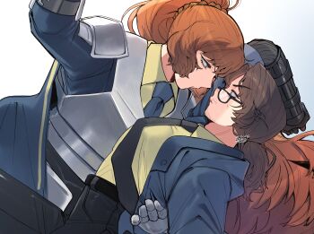 1boy 1girl amputee arm_up armor assertive_female beard_stubble belt black-framed_eyewear black-framed_glasses black_necktie black_pants blue_cape blue_jacket blue_necktie braid breastplate brown_eyes brown_hair cape closed_mouth coat collared_shirt cowboy_shot dress_shirt eye_contact face-to-face facial_hair formal_clothes from_side gauntlets glasses gregor_(project_moon) grey_armor grey_background hand_on_another's_back hetero high_ponytail highres ishmael_(project_moon) jacket joints knight leaning_back limbus_company long_hair long_sleeves looking_at_another looking_down looking_up low_ponytail mechanical_arms necktie open_clothes open_jacket orange_eyes orange_hair pants pauldrons ponytail profile project_moon prosthesis prosthetic_arm shirt shoulder_armor simple_background single_mechanical_arm stubble suit sweatdrop very_long_hair white_background wide-eyed yellow_shirt zwei_association_south_uniform zwei_association_west_uniform