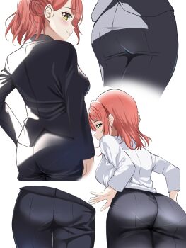  1girl ass ass_focus black_jacket black_pants black_suit borgbutler breasts brown_eyes commentary_request formal_clothes hair_bun highres jacket large_breasts long_sleeves looking_at_viewer love_live! love_live!_nijigasaki_high_school_idol_club medium_hair multiple_views pants pantylines pink_hair suit uehara_ayumu white_background 