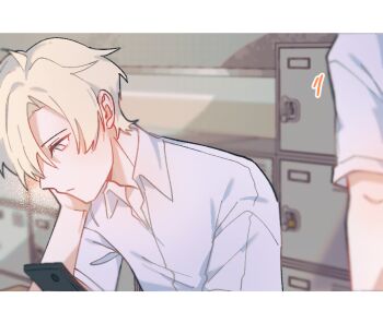  1boy 1other cellphone closed_mouth collared_shirt commentary dreamycakesss english_commentary expressionless looking_at_phone male_focus original parted_bangs phone shirt short_hair short_sleeves smartphone solo_focus upper_body white_hair white_shirt 