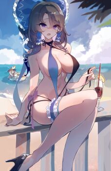  2girls alternate_costume beach bikini bikini_bottom_only black_bikini black_choker black_hair black_slingshot_swimsuit blue_ribbon blue_slingshot_swimsuit blush breasts character_request choker cleavage collarbone commentary criss-cross_halter cup day drinking_glass drinking_straw food fruit hakurei_reimu halterneck high_heels highres kaliningradg large_breasts lemon lemon_slice looking_at_viewer low_twintails multicolored_swimsuit multiple_girls navel open_mouth outdoors purple_eyes ribbon short_hair side-tie_bikini_bottom sideboob sitting slingshot_swimsuit solo_focus swimsuit symbol-only_commentary thigh_strap torashiro_beimu touhou twintails 