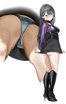  1girl ass black_boots blue_panties blush boots breasts clenched_teeth dress dress_tug earrings gakuen_idolmaster green_eyes high_heel_boots high_heels idolmaster jewelry long_hair medium_breasts microdress panties pantyshot satin satin_panties saya_endo_(27) shiny_skin simple_background skirt skirt_tug solo standing teeth thighs tsukimura_temari underwear upskirt white_background 