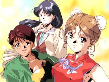  1990s_(style) 3girls blue_necktie brown_eyes brown_hair bun_cover covered_erect_nipples dark-skinned_female dark_skin double_bun earrings fujiwara_aya grey_hair hair_bun hayasaka_akira jewelry light_smile long_hair long_sleeves looking_at_viewer loose_necktie multiple_girls necktie non-web_source official_art open_mouth retro_artstyle short_hair stud_earrings super_real_mahjong tanaka_ryou toono_mizuki yellow_background 