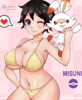  1girl animal bandaid bandaid_on_face bandaid_on_nose bikini black_eyes black_hair blush bow bow_bikini breasts buck_teeth character_request checkered_background cleavage collarbone covered_erect_nipples gen_8_pokemon hand_on_own_hip heart holding holding_animal large_breasts looking_at_viewer misune_art navel nintendo one_eye_closed orange_eyes pink_background poke_ball_symbol pokemon pokemon_(creature) purple_bow rabbit scorbunny short_hair smile speech_bubble spoken_heart standing swimsuit teeth underboob white_fur wink yellow_bikini 