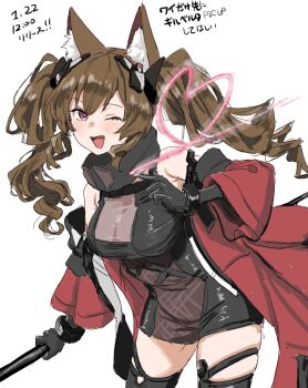  1girl ;d angelina_(arknights) animal_ear_fluff animal_ears arknights arknights:_endfield armpit_crease bare_shoulders black_gloves black_thighhighs brown_hair clearite cowboy_shot fox_ears fox_girl gilberta_(arknights) gloves hair_between_eyes heart highres holding jacket long_hair looking_at_viewer one_eye_closed open_mouth red_jacket simple_background smile solo thighhighs translation_request twintails white_background 