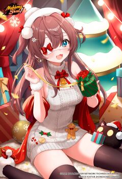  1girl absurdres bare_shoulders black_thighhighs blue_eyes breasts brown_hair commentary earrings english_commentary eyepatch gift hair_between_eyes highres holding holding_gift jewelry long_hair mahjong_soul medium_breasts nima_(niru54) official_art open_mouth second-party_source shinomiya_fuyumi sitting sleeveless sleeveless_sweater smile snowflakes solo sweater thighhighs turtleneck turtleneck_sweater wariza 