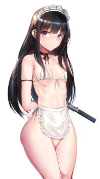  1girl apron arms_behind_back bikini black_hair breasts closed_mouth gun handgun highres holding holding_gun holding_weapon inoue_takina long_hair looking_at_viewer lycoris_recoil maid maid_bikini maid_headdress medium_breasts micro_bikini purple_eyes silly_(marinkomoe) simple_background smith_&amp;_wesson_m&amp;p swimsuit thighs unconventional_maid waitress weapon white_apron white_background white_bikini  rating:Sensitive score:60 user:danbooru