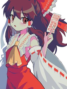  1girl ascot bow brown_hair detached_sleeves frilled_bow frilled_hair_tubes frills gohei h2co3_vv hair_bow hair_tubes hakurei_reimu hashtag-only_commentary highres holding holding_gohei long_hair open_mouth red_bow red_skirt ribbon_trim skirt skirt_set touhou yellow_ascot  rating:General score:1 user:danbooru