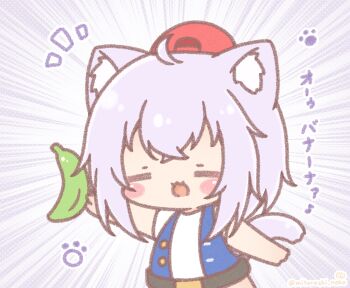  1girl :d animal_ear_fluff animal_ears backwards_hat banana baseball_cap blue_vest blush_stickers cat_ears cat_girl cat_tail chibi closed_eyes commentary_request cosplay cosplay_request emphasis_lines food fruit hat holding holding_food hololive mitarashi_neko nekomata_okayu notice_lines open_mouth polka_dot polka_dot_background red_hat shirt short_sleeves smile solo tail translation_request vest virtual_youtuber white_shirt 