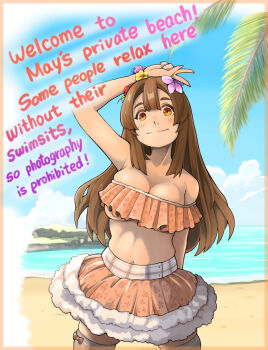  1girl absurdres arm_behind_back arm_over_head bad_tag beach bikini blush bow_legwear bracelet breasts brown_hair cloud english_text floral_print floral_print_bikini flower flower_bracelet frilled_bikini frills grey_thighhighs guilty_gear guilty_gear_strive hair_flower hair_ornament highres jewelry large_breasts may_(guilty_gear) midriff navel ocean orange_eyes palm_tree plaid_clothes print_bikini smile solo split_mouth standing sugajyun swimsuit thighhighs tree underboob v water 