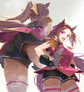  1girl animal_ears artist_request ass black_gloves black_shorts blush bow breasts brown_hair brown_tail dot_nose dress ear_ornament epaulettes female_focus forehead from_behind from_below gloves hair_bow hair_ribbon hairband hands_on_own_hips highres horse_ears horse_girl horse_tail kabocha_(monkey4) kneehighs large_breasts legs long_hair looking_at_viewer looking_down multiple_views neckerchief no_panties open_mouth pink_dress pink_shirt ponytail purple_eyes ribbon sakura_bakushin_o_(blossom_in_learning)_(umamusume) sakura_bakushin_o_(umamusume) sexually_suggestive shirt shorts simple_background sleeveless sleeveless_dress sleeveless_shirt smile socks solo solo_focus sweat sweatdrop tail thighhighs thighs umamusume white_background white_thighhighs yellow_neckerchief 