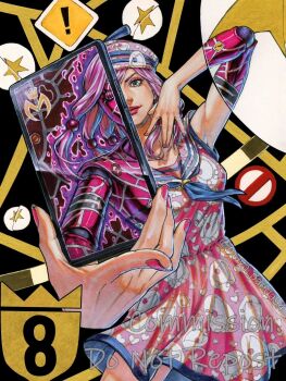 ! 1girl 1other alternate_costume aura bubble cellphone character_print commentary compound_eyes dixie_cup_hat doll_joints dress english_commentary green_eyes hair_bobbles hair_ornament hat heart heart_print highres hirose_yasuho holding holding_phone joints jojo_no_kimyou_na_bouken jojolion makeup marker_(medium) maya_panda military_hat paisley_park_(stand) phone pink_dress pink_hair pink_hat pink_nails road_sign sailor sailor_collar sailor_dress sailor_hat sign smartphone solo split_theme stand_(jojo) star_(symbol) traditional_media warning_sign white_sailor_collar 