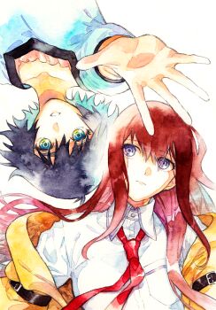  2girls aqua_eyes arm_belt black_hair blue_dress blue_eyes breasts brown_jacket collarbone commentary_request dress expressionless floating_clothes floating_neckwear grin jacket long_hair looking_at_another looking_at_viewer lying makise_kurisu multiple_girls necktie on_back open_clothes open_mouth parted_lips pink_frills purple_eyes purple_trim reaching reaching_towards_viewer red_hair red_necktie rocni science_adventure shiina_mayuri shirt short_hair small_breasts smile steins;gate upside-down 