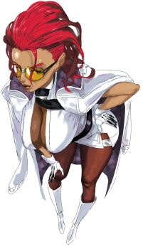  1girl bent_over boots breasts coat coat_on_shoulders crimson_viper dark_skin gloves hand_on_own_hip hand_on_own_knee highres large_breasts leaning_forward miniskirt necktie_aside pantyhose red_hair side_slit simple_background skirt solo starhump street_fighter street_fighter_6 tinted_eyewear white_boots white_coat white_gloves yellow-tinted_eyewear 