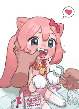 1girl 1other animal_ears animal_hands bandaid bandaid_on_knee bandaid_on_leg bell belt_collar blue_eyes blush bow chromu collar commentary_request disembodied_hand finger_in_another's_mouth flat_chest gloves hair_between_eyes hair_bow hands_up heart highres holding indie_virtual_youtuber jar jingle_bell leotard loli long_hair looking_at_viewer mary_janes missing_tooth money neck_bell on_floor open_mouth paw_gloves paw_pose pink_bow pink_hair pink_leotard pink_shoes possummachine pov pov_hands price_list red_collar saliva shoes solo_focus speech_bubble spoken_heart strapless strapless_leotard teeth thighhighs tile_floor tiles tongue tongue_out tooth_removal virtual_youtuber white_background white_thighhighs rating:Questionable score:135 user:danbooru