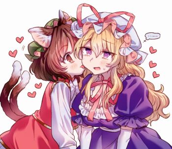  ... 2girls animal_ear_fluff animal_ears belt blonde_hair blush bow bowtie brown_belt brown_eyes brown_hair cat_ears cat_girl cat_tail chen china_dress chinese_clothes closed_mouth collar commentary dress dress_over_shirt earrings elbow_gloves frilled_collar frilled_sleeves frills gloves gold_trim green_hat hair_between_eyes hat hat_ribbon heart jewelry leaning_forward licking licking_another's_cheek licking_another's_face light_blush long_hair long_sleeves masanaga_(tsukasa) mob_cap motion_lines multiple_girls multiple_tails neck_ribbon open_mouth puffy_long_sleeves puffy_short_sleeves puffy_sleeves purple_dress purple_eyes raised_inner_eyebrows red_dress red_ribbon ribbon shirt short_hair short_sleeves simple_background single_earring smile speech_bubble spoken_ellipsis sweatdrop tail thought_bubble tongue tongue_out touhou untranslatable_commentary upper_body white_background white_belt white_bow white_bowtie white_collar white_gloves white_hat white_shirt yakumo_yukari 