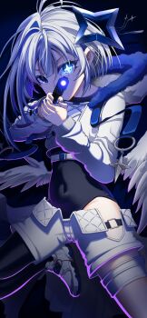  1girl absurdres aiming aiming_at_viewer amane_kanata angel_wings black_leotard blue_eyes bob_cut commentary_request covered_navel feathered_wings fur-trimmed_jacket fur_trim gun hair_between_eyes highres holding holding_gun holding_weapon hololive jacket leotard long_sleeves looking_at_viewer low_wings mini_wings ogata_sai purple_nails shoes short_shorts shorts shuriken_hair_ornament sneakers solo sparkling_eyes thigh_strap virtual_youtuber weapon white_hair white_jacket white_shoes white_shorts wings 