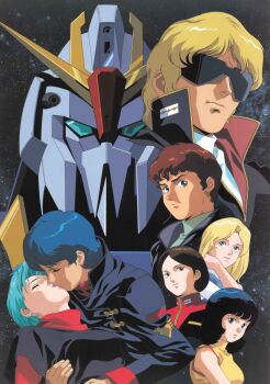  1980s_(style) 1990s_(style) 3boys 4girls absurdres aeug amuro_ray beltorchika_irma black_hair blonde_hair blue_eyes blue_hair brown_hair char_aznable closed_eyes corpse death emblem emma_sheen fa_yuiry four_murasame gun gundam highres insignia kamille_bidan kiss kitazume_hiroyuki lipstick long_hair machine_gun makeup male_focus mecha military military_rank_insignia military_uniform mobile_suit multiple_boys multiple_girls oldschool quattro_bajeena retro_artstyle robot scan scene_reference science_fiction short_hair spoilers sunglasses titans_(gundam) traditional_media v-fin weapon zeta_gundam zeta_gundam_(mobile_suit) 
