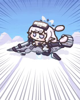 :> absurdres akira_slide blue_archive blue_eyes chibi chibi_only commentary_request dari_uri halo highres himari_(armed)_(blue_archive) himari_(blue_archive) looking_at_viewer mole mole_under_eye official_alternate_costume pointy_ears smile white_hair