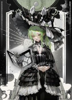  1girl animal_ear_headwear animal_ears black_border black_cape black_capelet black_dress book border bow breasts cape capelet chinese_commentary cleavage_cutout closed_mouth clothing_cutout cowboy_shot crescent crescent_earrings dress dywx_poison earrings fake_animal_ears floating floating_book floating_object frilled_dress frilled_hat frilled_sleeves frills frog_hat_ornament goth_fashion green_eyes green_hair grey_background grey_lips hair_between_eyes hat hat_bow hat_ornament hexagram highres interlocked_fingers jewelry key key_necklace lace lace-trimmed_dress lace_trim layered_dress lipstick long_hair long_hair_between_eyes long_sleeves looking_at_viewer loosely_tucked_bangs makeup mismatched_earrings necklace open_book original outside_border own_hands_together pointy_ears rabbit_ears see-through_cape see-through_clothes silver_necklace small_breasts solo standing star_(symbol) star_earrings star_of_david sun_earrings white_bow witch_hat 