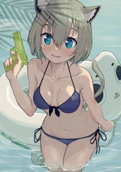  1girl animal_ears arm_up bare_shoulders bikini blue_bikini blue_eyes bouhuman breasts cat_ears cat_girl cat_tail cleavage collarbone commentary_request grey_hair hair_between_eyes highres innertube looking_at_viewer mole mole_on_breast mole_under_eye mole_under_mouth open_mouth original shadow side-tie_bikini_bottom small_breasts stomach string_bikini swim_ring swimsuit tail water water_gun wet wet_hair 