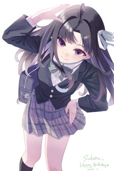  1girl awa_subaru bag black_hair black_jacket black_socks bow bowtie breasts commentary dated diagonal-striped_bow diagonal-striped_bowtie diagonal-striped_clothes english_commentary girls_band_cry green_bow green_bowtie grey_skirt hair_ribbon hand_on_own_hip hand_up happy_birthday highres jacket kneehighs long_hair medium_breasts ono_o_aki parted_bangs plaid_clothes plaid_skirt pleated_skirt ribbon salute school_bag shoulder_bag simple_background skirt socks solo striped_bow striped_bowtie striped_clothes white_background white_ribbon 