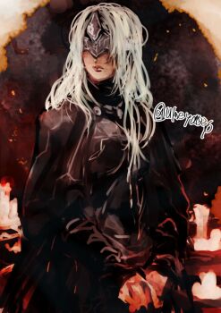  1girl black_background black_dress candle closed_mouth commentary_request dark_souls_(series) dark_souls_iii dress expressionless fire_keeper long_hair long_sleeves mask masked solo umeyama_(toma23) upper_body white_hair 