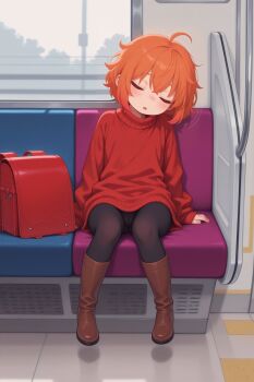  1girl absurdres ahoge ai-assisted backpack bag blush bob_cut boots bottomless breasts cleft_of_venus closed_eyes crossed_bangs exhibitionism eyebrows_hidden_by_hair female_focus flat_chest freckles green_eyes groin hair_between_eyes head_tilt highres hina_kurosawa leggings legs loli long_sleeves messy_hair open_mouth orange_hair original oversized_clothes oversized_shirt pants perspective public_indecency public_transportation pussy pussy_peek red_sweater school_bag selfie shirt shoes short_hair sitting sleep_molestation sleeping small_breasts solo sweater train train_interior turtleneck turtleneck_sweater vehicle_interior wide_hips window 