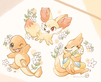  ;d absurdres blue_eyes character_request charizard closed_eyes closed_mouth commentary_request fangs fennekin flower gen_1_pokemon gen_6_pokemon highres leaf mofucoffee nintendo no_humans one_eye_closed open_mouth pokemon pokemon_(creature) pokemon_focus red_eyes smile white_flower 