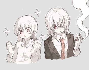  1boy akoto_(akoto0228) brown_cardigan cardigan chinese_commentary cigarette collared_shirt commentary_request dress_shirt grey_background hand_up hands_up highres looking_at_viewer medium_hair multiple_views necktie red_eyes red_necktie saihate_eki shirt smoke smoking sparkle sparkling_eyes tatsunami_shion upper_body white_hair white_shirt 