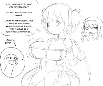  1boy 2girls akemi_homura alternate_breast_size_(larger) arrow_(symbol) bow bow_choker breasts buttons choker cleavage dress english_text frown gloves greyscale gun hairband holding holding_gun holding_weapon huge_breasts jitome kaname_madoka madmex mahou_shoujo_madoka_magica monochrome motion_lines multiple_girls open_mouth puffy_dress short_twintails sketch small_sweatdrop speech_bubble teeth twintails weapon 